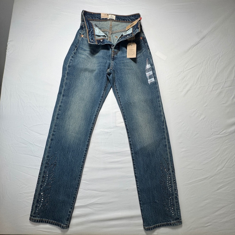 Levis 501 Curve Rhinestone Studded Straight Leg Jeans Medium Wash 24x30 NWT